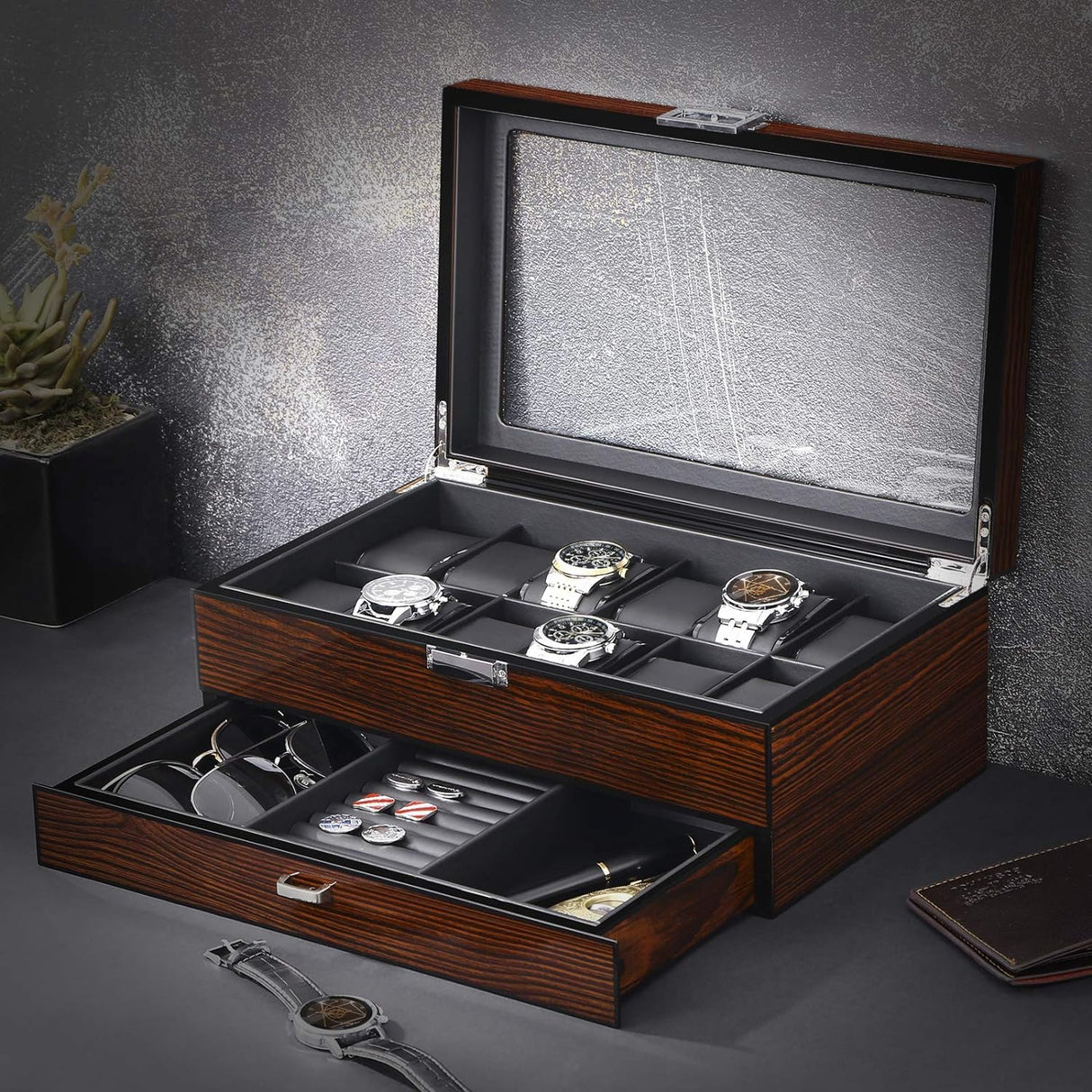 BEWISHOME 12 Watch Box with Valet Drawer, Luxury Watch Case,Watch Organizer for Mens Accessories with Real Glass Top,Metal Hinge, Brown SSH02Y BEWISHOME