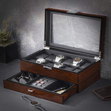 BEWISHOME 12 Watch Box with Valet Drawer, Luxury Watch Case,Watch Organizer for Mens Accessories with Real Glass Top,Metal Hinge, Brown SSH02Y BEWISHOME