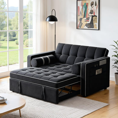 Pipishell 3 in 1 Sleeper Sofa Bed,Pull Out Couch for Living Room with USB Ports & Side Pockets,Adjustable Backrest,Velvet,Convertible Loveseat Sofa Bed,Futon Couches,Charcoal Black Velvet