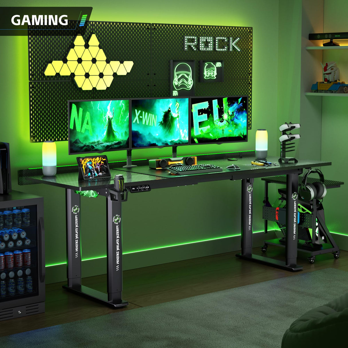 Klobel 71" x 30" Gaming Standing Desk, 4-Leg Electric Height Adjustable, Sit to Stand Desk with LED Light and Locking Wheels, Flip-Top Design, Ergonomic Computer Desk, Carbon Fiber Texture Klobel