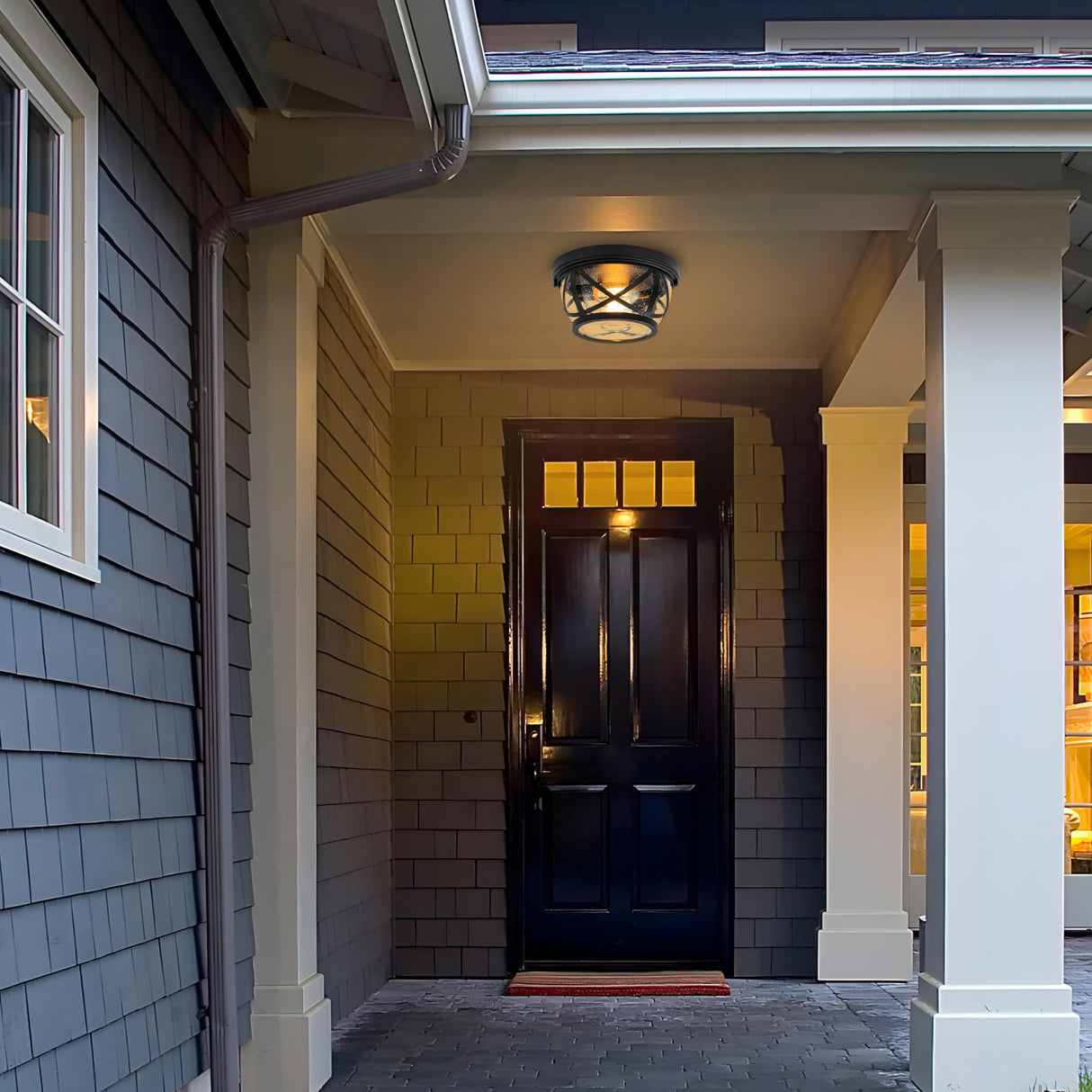 Flush Mount Ceiling Light Fixture Black, 2-Light Modern Farmhouse Porch Light Ceiling Mount for Outdoor, Indoor Flush Mount Light Fixture for Hallway Foyer Kitchen Bathroom with Seeded Glass Laplusbelle