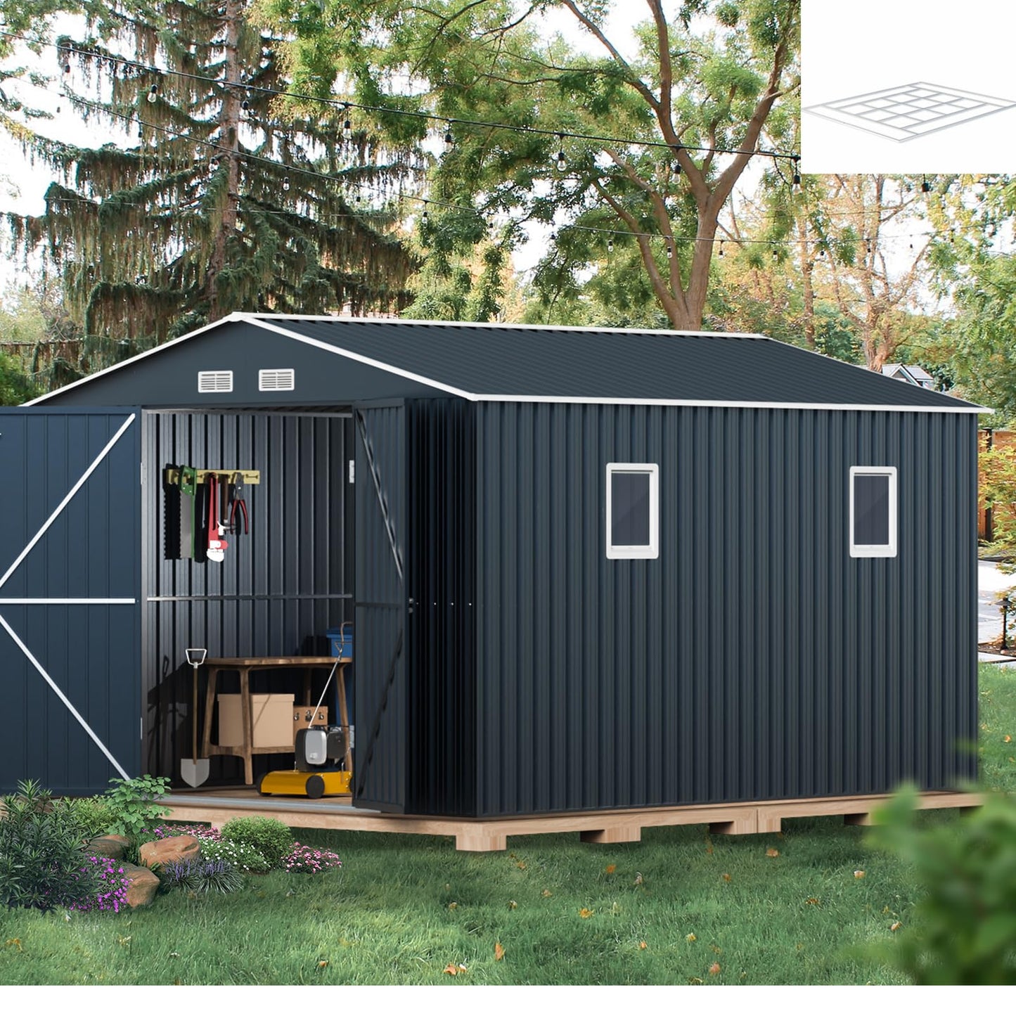 MistMo 10X12X7.5 FT Outdoor Steel Storage Shed with Lockable Doors, 2 Windows, Transparent Roof Panels, Frame Floor (Wood Panels Not Included), Ideal for Garden, Backyard, Patio Storage - WoodArtSupply