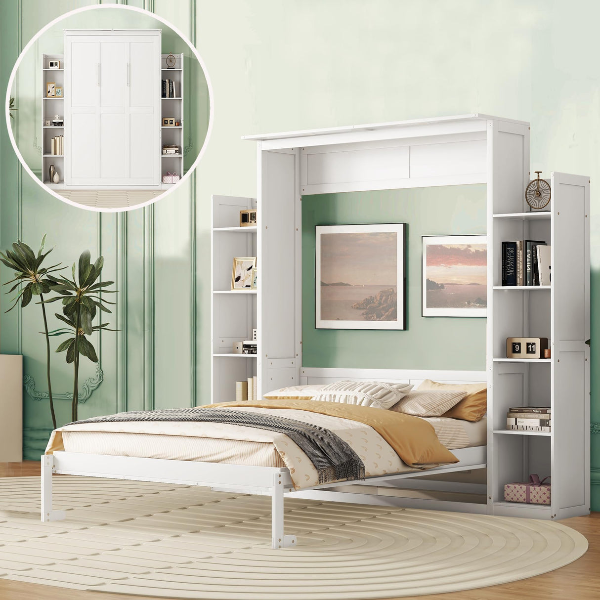 Harper & Bright Designs Queen Size Murphy Bed, Wooden Wall Bed with Shelves and LED Lights, White Harper & Bright Designs