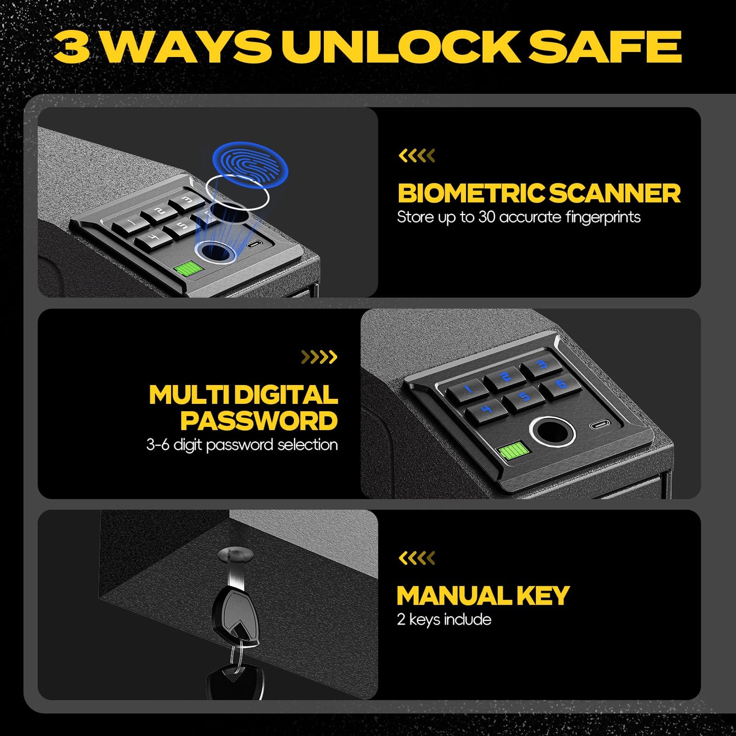 Mounted Biometric Gun Safe for Handgun, Nightstand Quick Access Pistol Safe with Auto Sliding Door for Car, Truck, Desk, Bedside, Slider Gun Lock Box with Security Fingerprint, Key Access, PIN Code