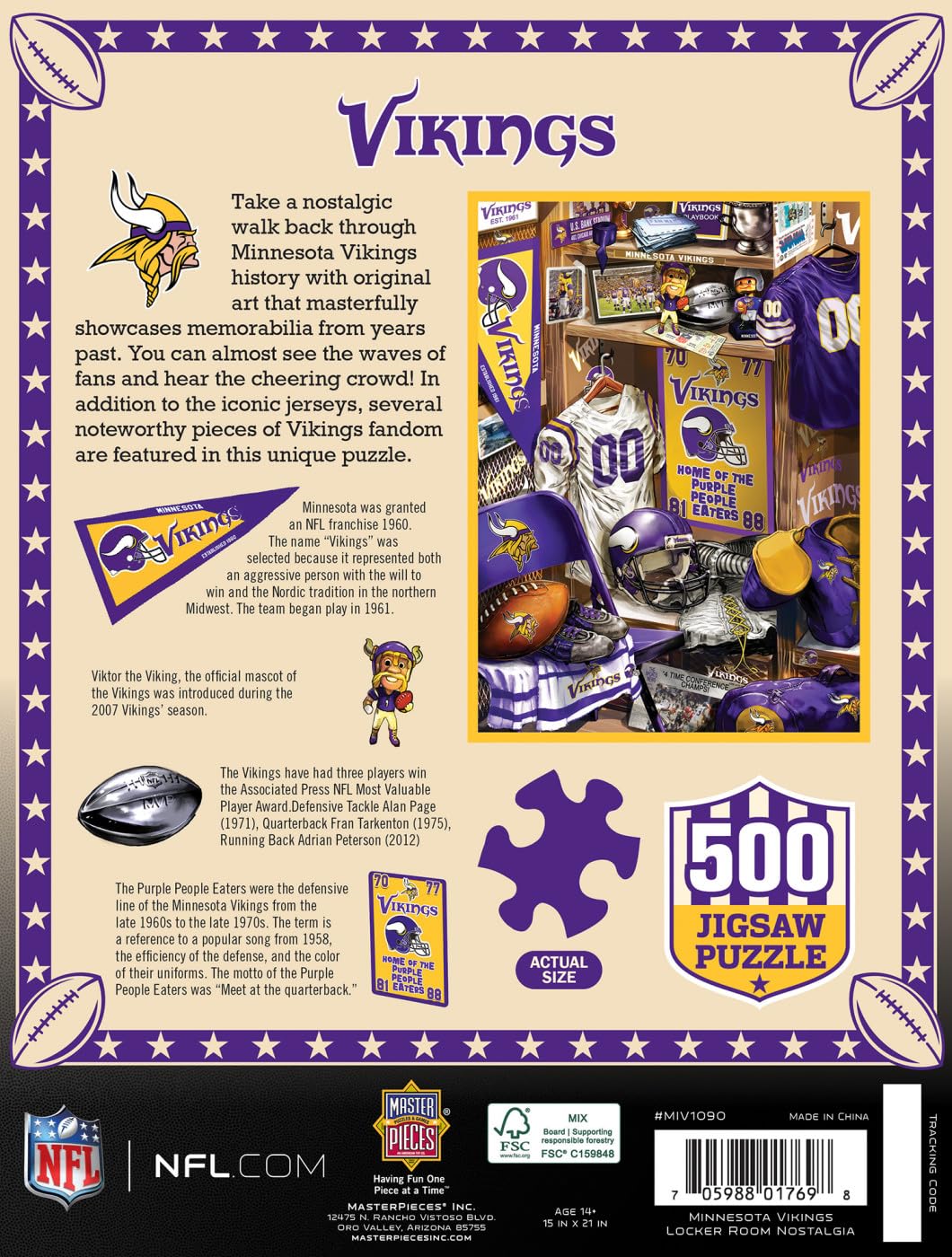 MasterPieces Game Day 500 Piece Jigsaw Puzzle for Adults - NFL Minnesota Vikings Locker Room - 15"x21" Masterpieces