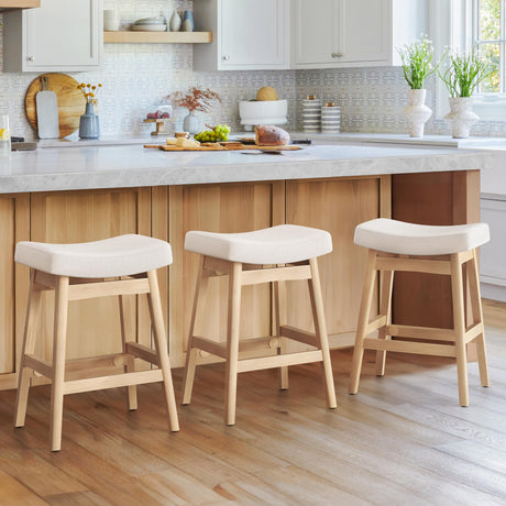 Cozyman Bar Stools Set of 3, Barstools with Sturdy Wood Legs, Saddle Seat Counter Height Bar Stools for Kitchen Counter, Bar, Dining, 24 Inch Farmhouse Counter Stools, Beige Fabric Cozyman