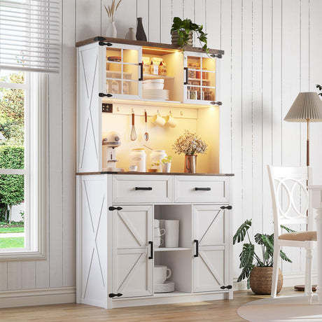 Coffee Bar Cabinet with Power Outlets, Farmhouse Buffet Sideboard with Barn Door and 3 Color LED Lights, Home Liquor Bar w/Storage Shelves for Dining Room,Antique White HWB