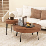 Giantex Boho Round Coffee Table Set of 2, Sofa Side Nesting Table with Solid Pine Wood Top, Metal Legs & Adjustable Foot Pads, 31.5" D Large Table Set for Living Room (Ring Pattern, Brown) Giantex