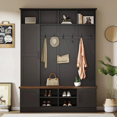 SIYSNKSI Versatile 3-in-1 Hall Tree with 6 Hooks, Farmhouse Walnut Storage Bench with Adjustable Shelves, 55" W Entryway Coat Rack with Multiple Storage Space for Mudroom, Living Room (Black-7)