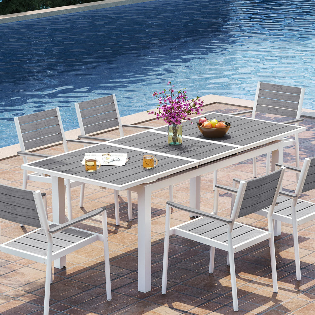 VredHom Outdoor Dining Table, 63"-83" Patio Extendable Dining Table with Grey Wooden-Like Top and White Aluminum Frame, Rectangular Table Outdoor Furniture VredHom