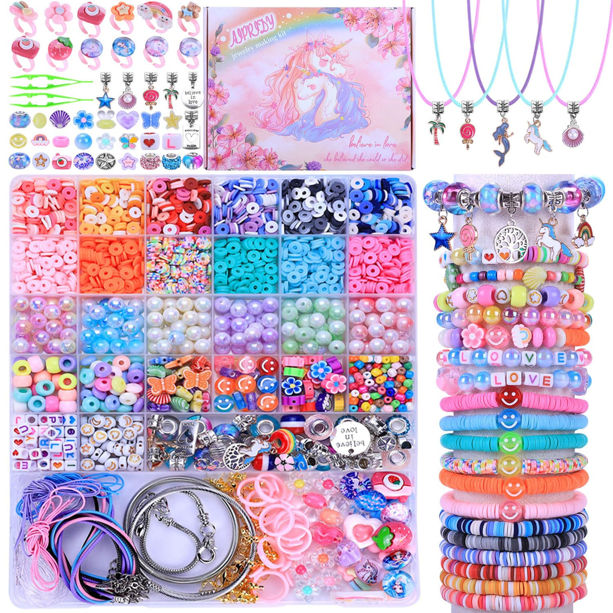 AIPRIDY 3200 Pcs Unicorn Jewelry Activity Kit,Clay Beads Bracelet Making Kit,Flat College Style Beading for Friendship Jewelry Making,Crystal Time Gem Ring Gifts,DIY Crafts for Teen Girls(Pink) AIPRIDY