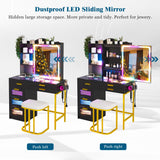 WOOVIVS RGB Vanity Desk with Sliding Mirror and Lights, LED Makeup Vanity with Charging Station/Motion Sensor Light, Glass Top Vanities Dressing Table Set with Jewelry Box,6 Drawers,Stool (Black) WOOVIVS