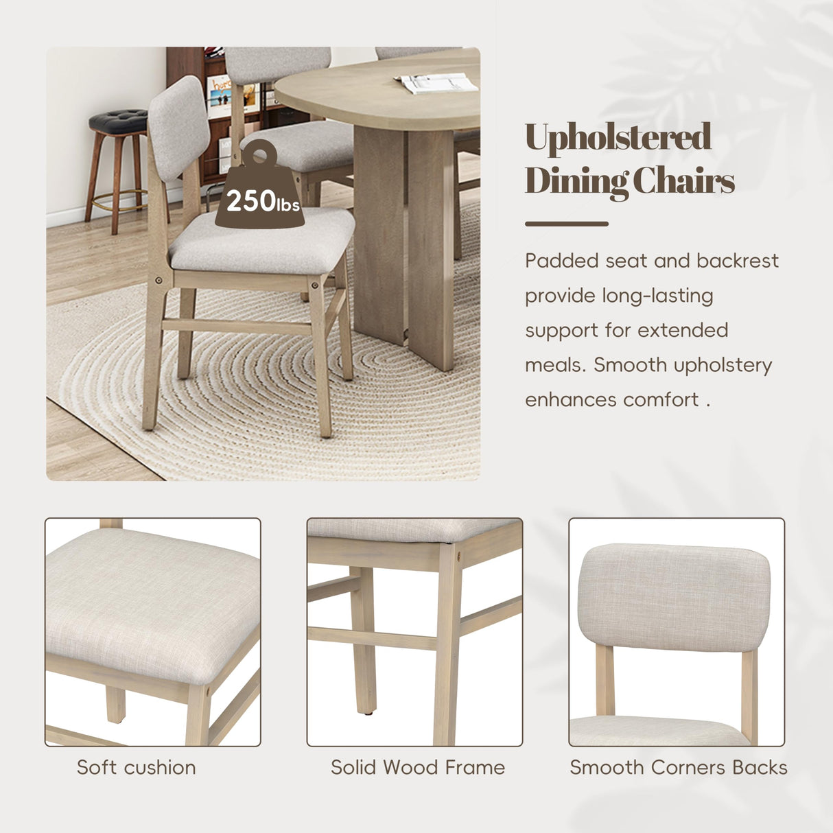 Merax Farmhouse Wooden Dining Set of 6, 65 Inch Rectangular Kitchen Table, Upholstered 4 Chairs with Backrest, Bench with Cushion, Easy Assemble, Natural Merax