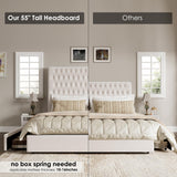 King Size Bed Frame 55" Tall Headboard with Gorgeous Button Tufted and Nail, Velvet Fabric Upholstered Bed Frame includes 4 Under-bed Storage Drawers, Wooden Slats, Noise-Free, Easy Assembly, Beige Keyluv