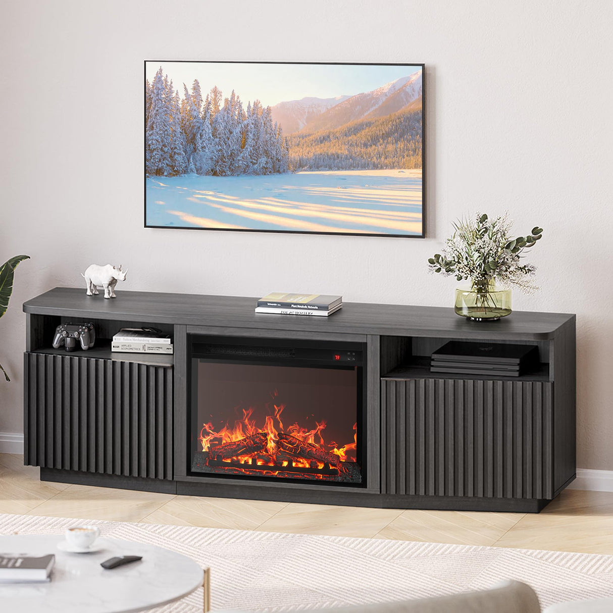 BELLEZE Fluted TV Stand with 23" Electric Fireplace Heater with Sound, 68" Entertainment Center for TV Up to 75", Media Console Table with Cable Management for Living Room, Bedroom - Ebony BELLEZE