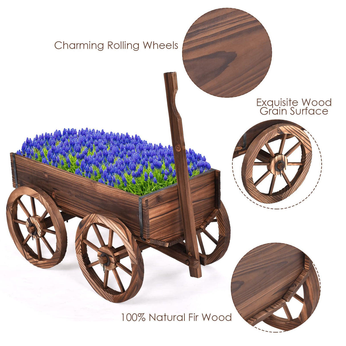 S AFSTAR Wooden Wagon, Wood Flower Planter Pot Stand with 4 Wheels & Drainage Holes, Amish Wagon Planter, Rolling Pot Stand Wood Wagon for Outdoor Plants Garden Decorative Garden Planter, Brown S AFSTAR