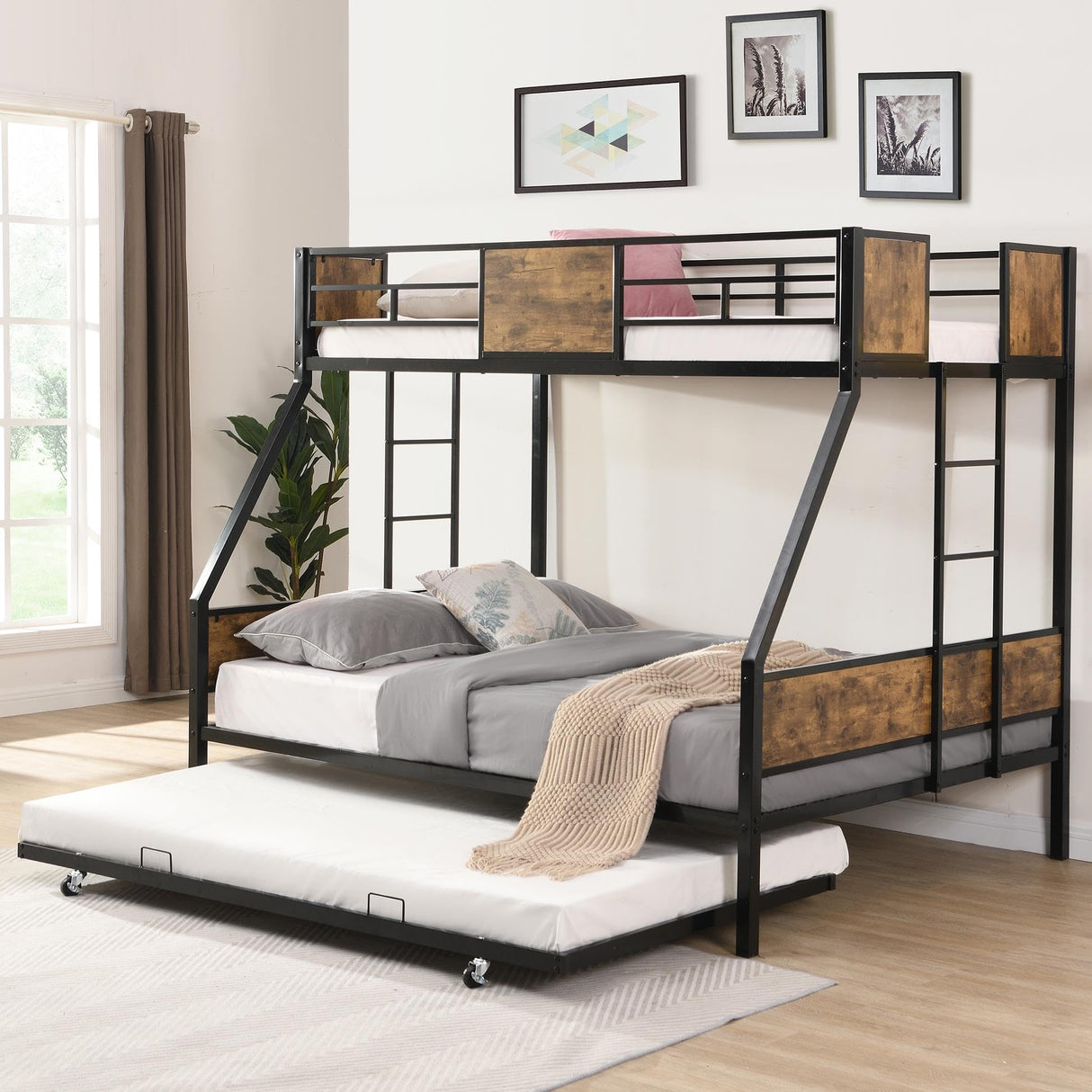 Rophefx Twin Over Full Bunk Beds with Trundle, Heavy Duty Metal Bed Frame with Safety Rail 2 Side Ladders Triple Bunk Bed No Box Spring Needed Space-Saving, Black Rophefx