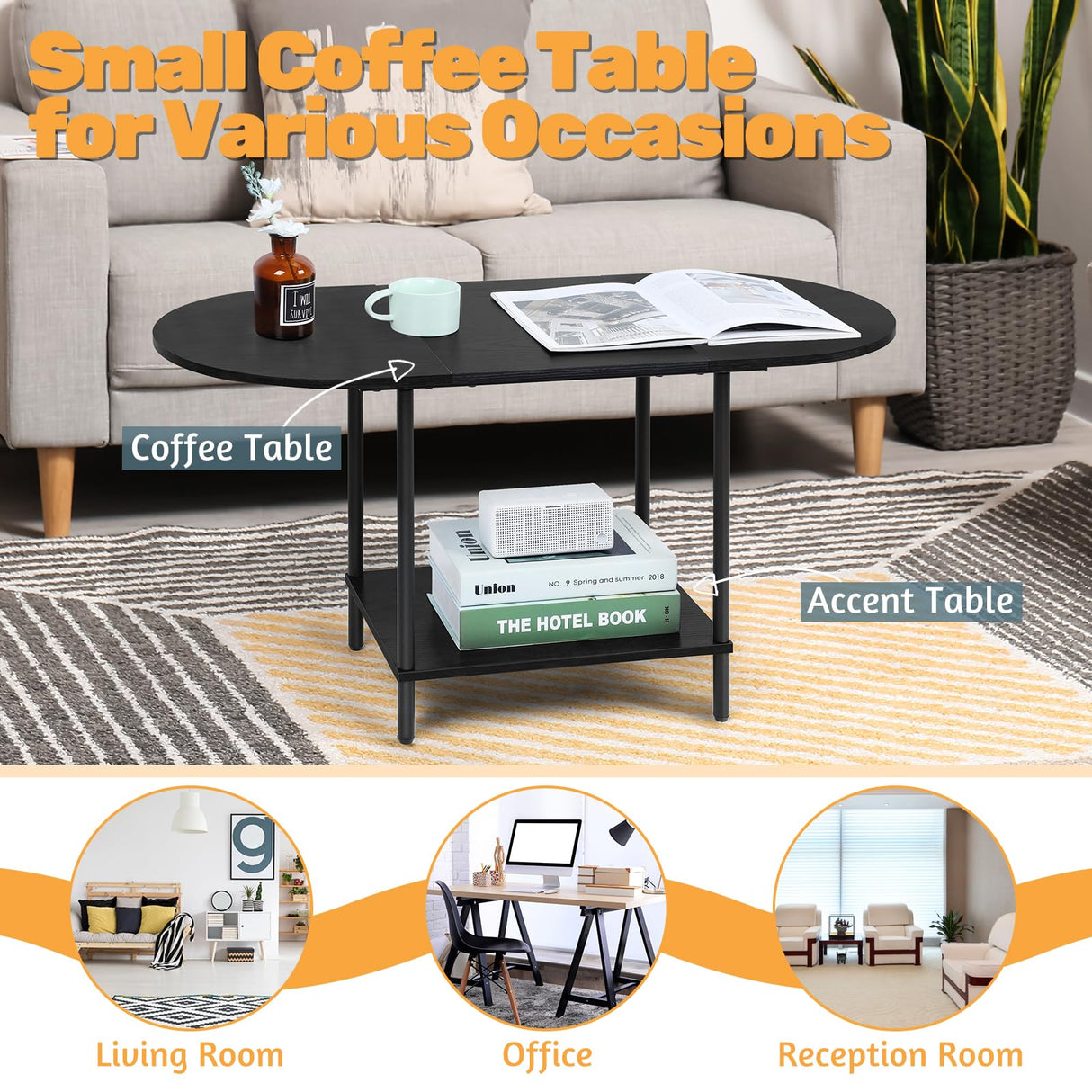 Coffee Tables for Living Room,2-Tier Small Coffee Table Industrial Modern Black Coffee Table with Storage Shelf and Wood Tabletop for Small Space,Home Office Shinoske