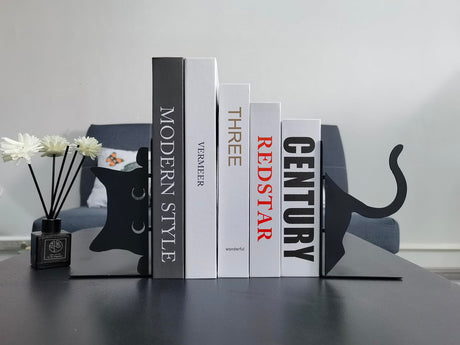 ENCIMART Book Ends Cat Decor Unique Bookshelf, Cute Metal Bookends for Shelves, Black Bookends to Hold Books for Bedroom Library Office School Book Desktop Organizer Cat Lover Gifts ENCIMART