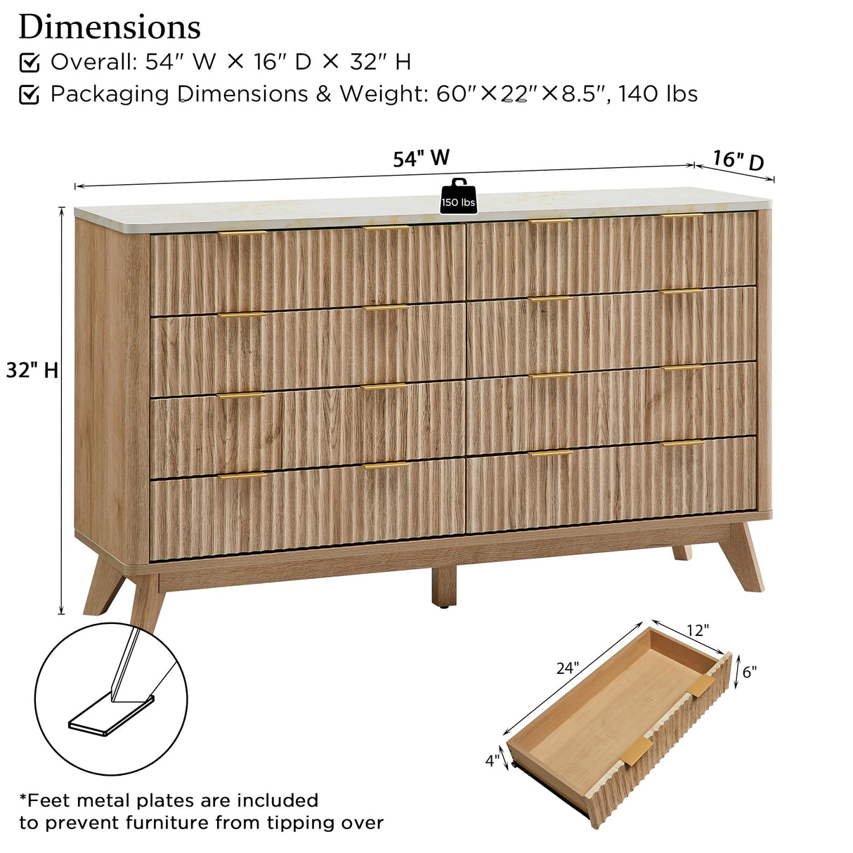 T4TREAM Fluted 8 Drawers Dresser, 54" Wide Modern Chest of Drawers with Faux Marble Top, Curved Profile Design, Dresser TV Stand, Wood Drawer Organizer for Bedroom, Living Room, Hallway, Natural Oak T4TREAM