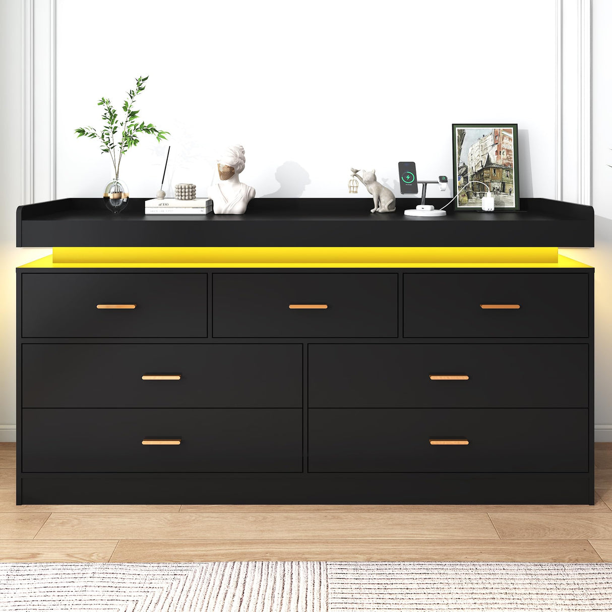 jiteentarou 7 Drawer Dresser with Charging Station and LED Lights, Modern Chest of Drawers with Power Outlet, Organizer Cabinet for Bedroom, Living Room, Entryway, Black jiteentarou