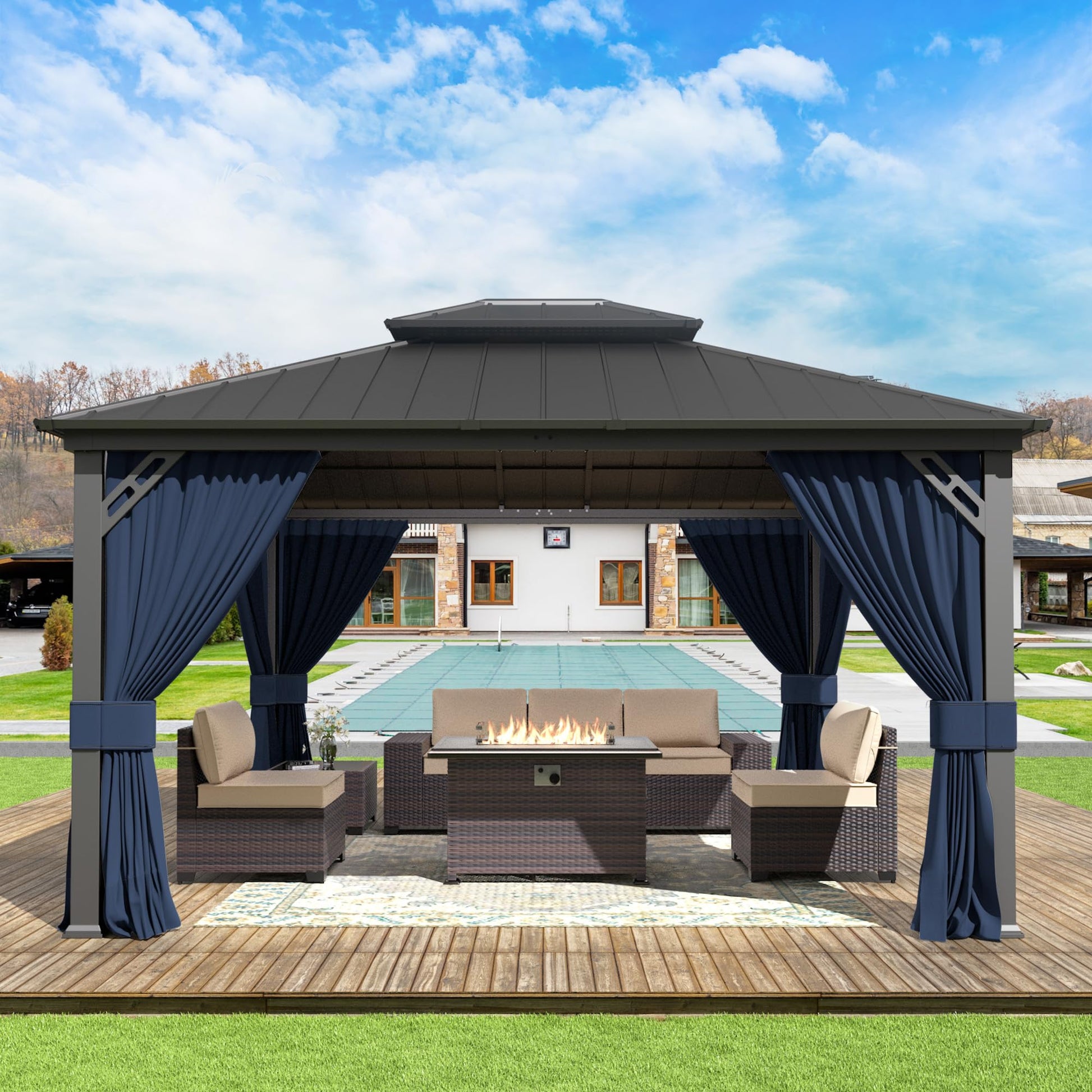 Gotland 2024 New 12' x 14' Hardtop Gazebo, Outdoor Iron Metal Double Roof Pergola with Curtains and Netting for Patio, Garden, Lawn, Navy - WoodArtSupply