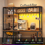 47.2 in Bakers Rack with Power Outlet & LED Light, Coffee Bar with Coffee Pod Holder for Vetuo, Kitchen Microwave Stand with Storage Shelves, Paper Holder, Cabinet, Wire Basket, 8 Hooks (Rustic Brown) UPOSOJA