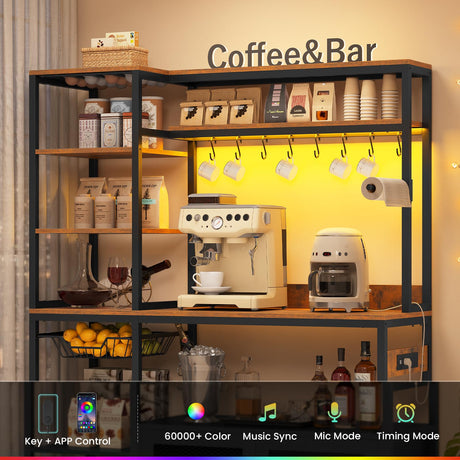 47.2 in Bakers Rack with Power Outlet & LED Light, Coffee Bar with Coffee Pod Holder for Vetuo, Kitchen Microwave Stand with Storage Shelves, Paper Holder, Cabinet, Wire Basket, 8 Hooks (Rustic Brown) UPOSOJA