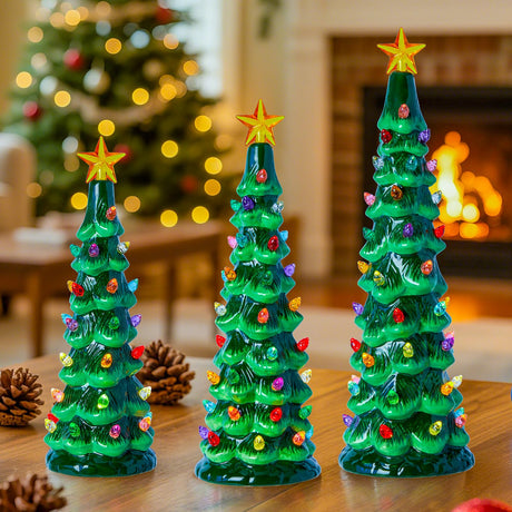 Brightown Lighted Ceramic Christmas Tree Set of 3, Pre-Lit Hand-Painted Tabletop Christmas Tree with Multicolored LED Lights, Battery Operated Vintage Ceramic Tree for Home Table Holiday Decor, Green Brightown