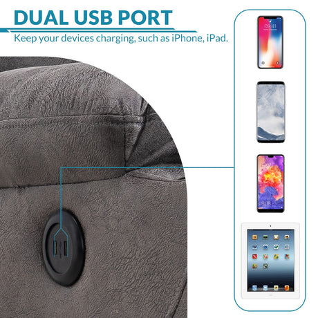 OUINCH Manual Swivel Glider Rocker Recliner Chair with Massage and Heat, 2 USB Ports, 2 Cup Holders, 2 Side Pockets and 2 Front Pockets, Bronze Suede Fabric (Grey) OUINCH