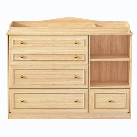 St.Mandyu Wood Changing Table Dresser, Baby Nursery Dresser, Baby Diaper Changing Table, 5 Drawers, Adjustable Shelves, Metal Handle, Curved Wrapping Design, Nature St.Mandyu