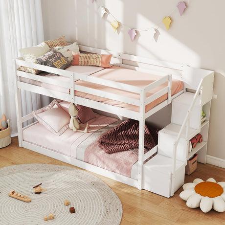 KOMFOTT Wood Twin Over Twin Low Bunk Bed with Storage Staircase, Wooden Bunk Bed Frame with Full-Length Guardrails, Low Profile Bunk Bed with Slats Support, No Box Spring Needed (White) KOMFOTT