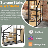 MoproBeti Full Size Loft Bed with Stairs, Metal Loft Beds Full with Storage Shelves, Adults Loft Bed with Wardrobe, Heavy Duty High Lofted Bed for Teens, No Box Spring Needed, No Noise, Black MoproBeti