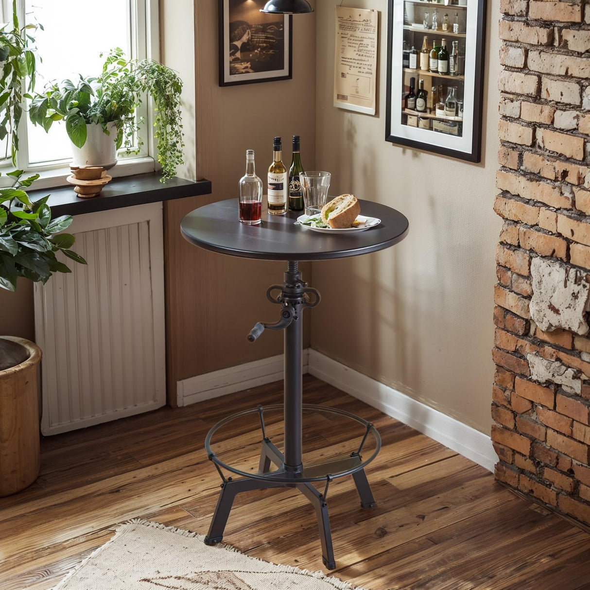 LOKKHAN Industrial Bar Table-33.5-39.4 Inch Tall-Adjustable Bar Height Pub Table-23.7 Inch Swivel Round Metal Top-Easily Adjusts by Crank Handle, Black LOKKHAN