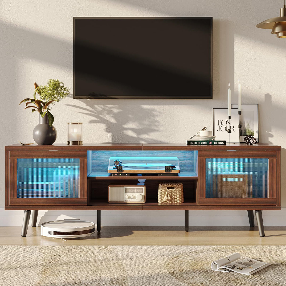 Bestier TV Stand for 75 Inch TV, 63” LED Entertainment Center with Sliding Acylic Doors, Modern TV Console with 2 Tier Storage Shelves, Media Console Table for Living Room Bedroom - Walnut Bestier