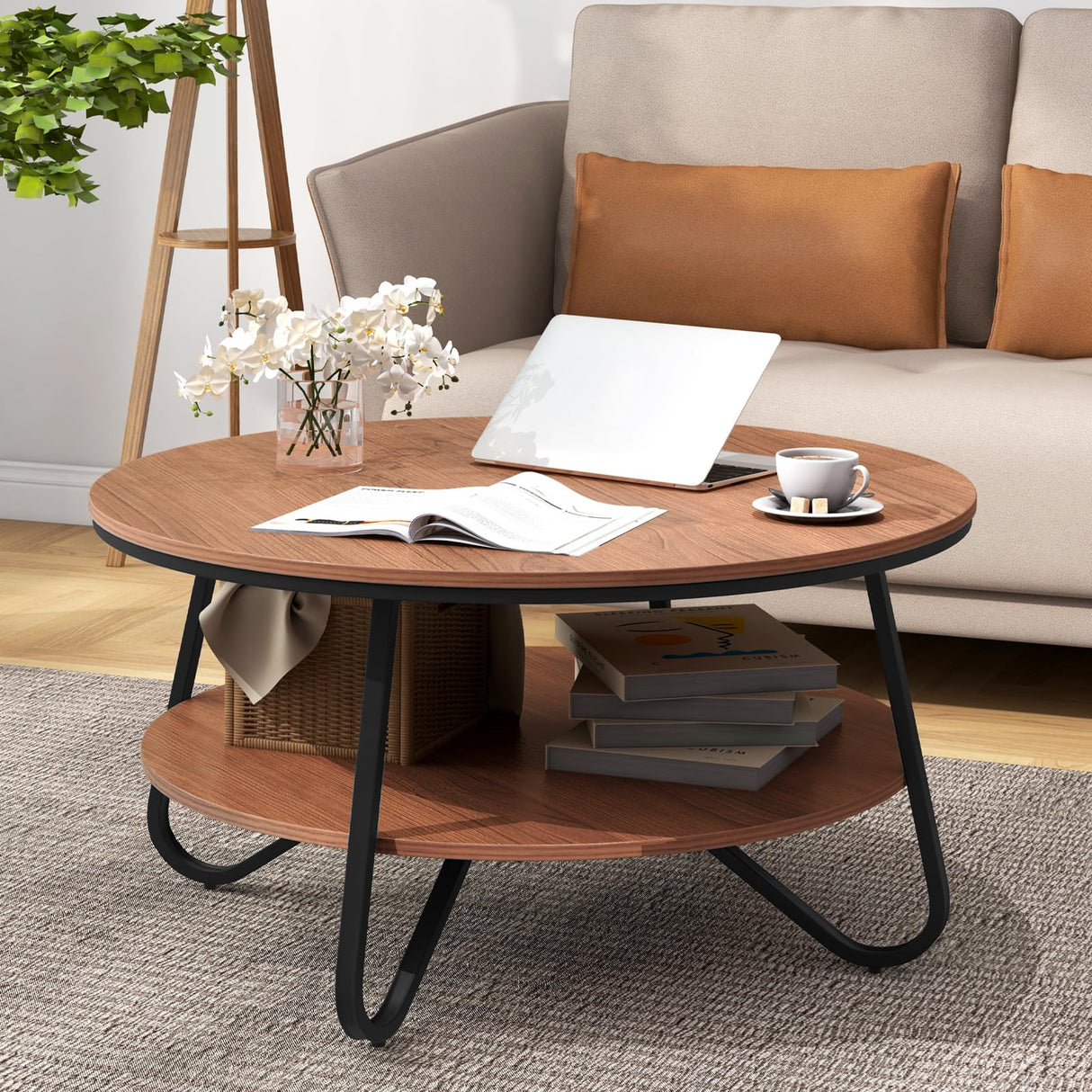 Giantex 2-Tier Round Coffee Table, 33.5" Wood Coffee Table with Open Storage Shelf & Heavy-Duty Steel Frame, Rustic Circle Coffee Table, Mid-Century Center Table for Living Room, Office, Walnut Giantex