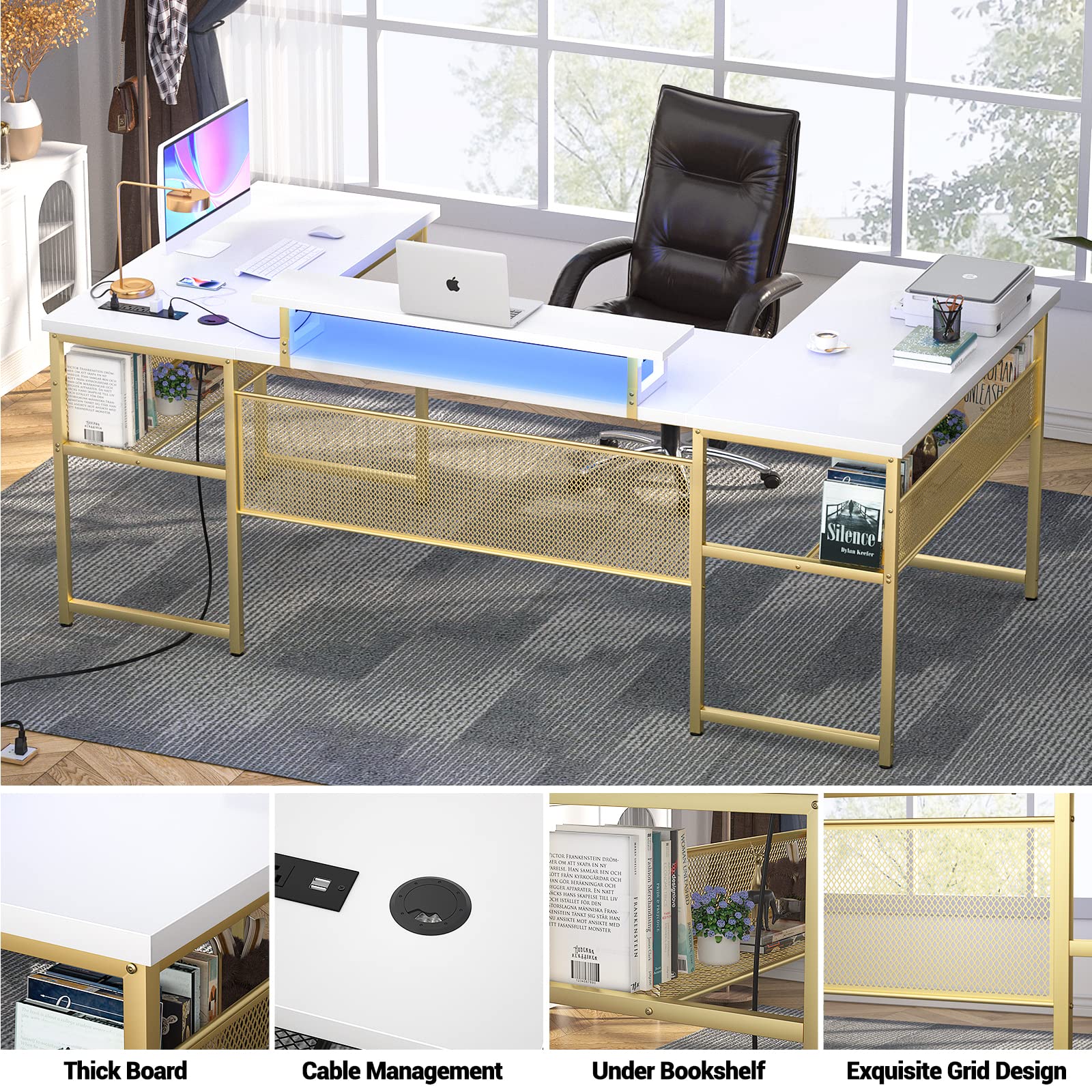 Unikito Reversible U Shaped Desk with LED Lights and Power Outlets - 83 Inch Large Corner Computer Table in White and Gold - WoodArtSupply