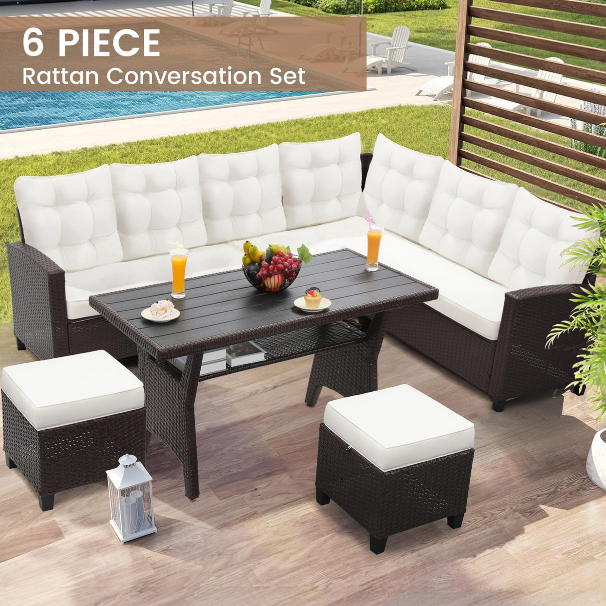 KROFEM 6-Piece Outdoor Patio Furniture Set - Sectional Sofa, Dining Table & Chairs Included, All-Weather Dining Set with Ottoman, Brown Wicker and White Cushions KROFEM