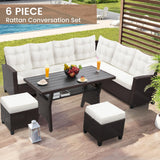 KROFEM 6-Piece Outdoor Patio Furniture Set - Sectional Sofa, Dining Table & Chairs Included, All-Weather Dining Set with Ottoman, Brown Wicker and White Cushions KROFEM