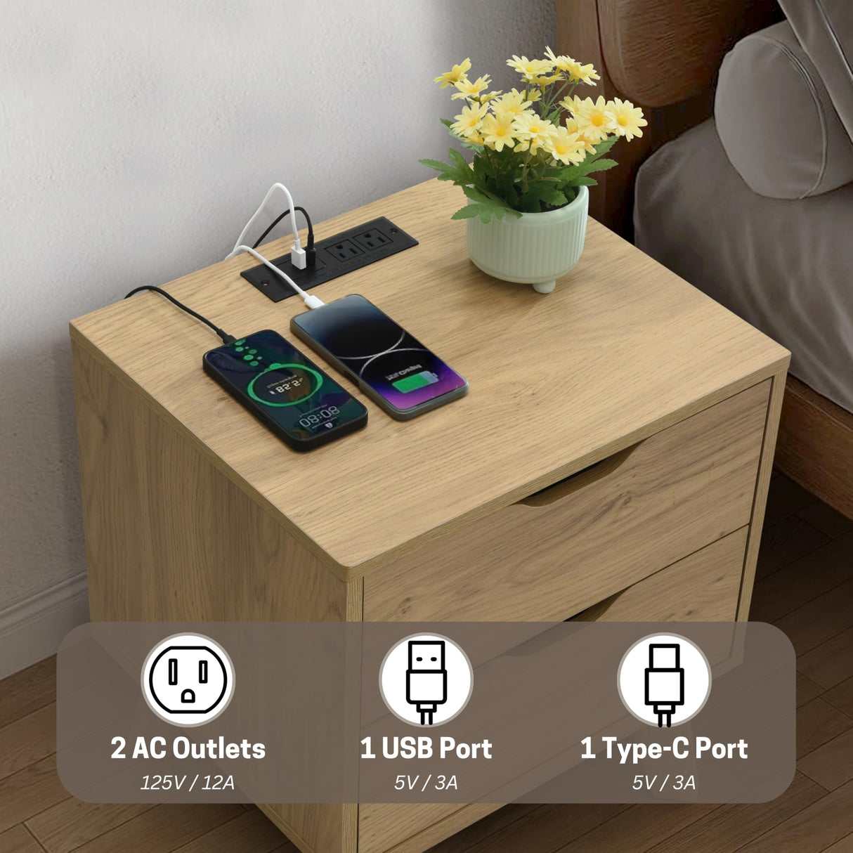 ELISA HOME Nordica 2 Drawer Nightstand with Charging Station, Drawer Slide Pre-Assembly, Nightstand for Bedroom, End Table, Sofa Side Table for Living Room, 15.7" D x 18.9" W x 21.2" H, Natural Oak ELISA HOME