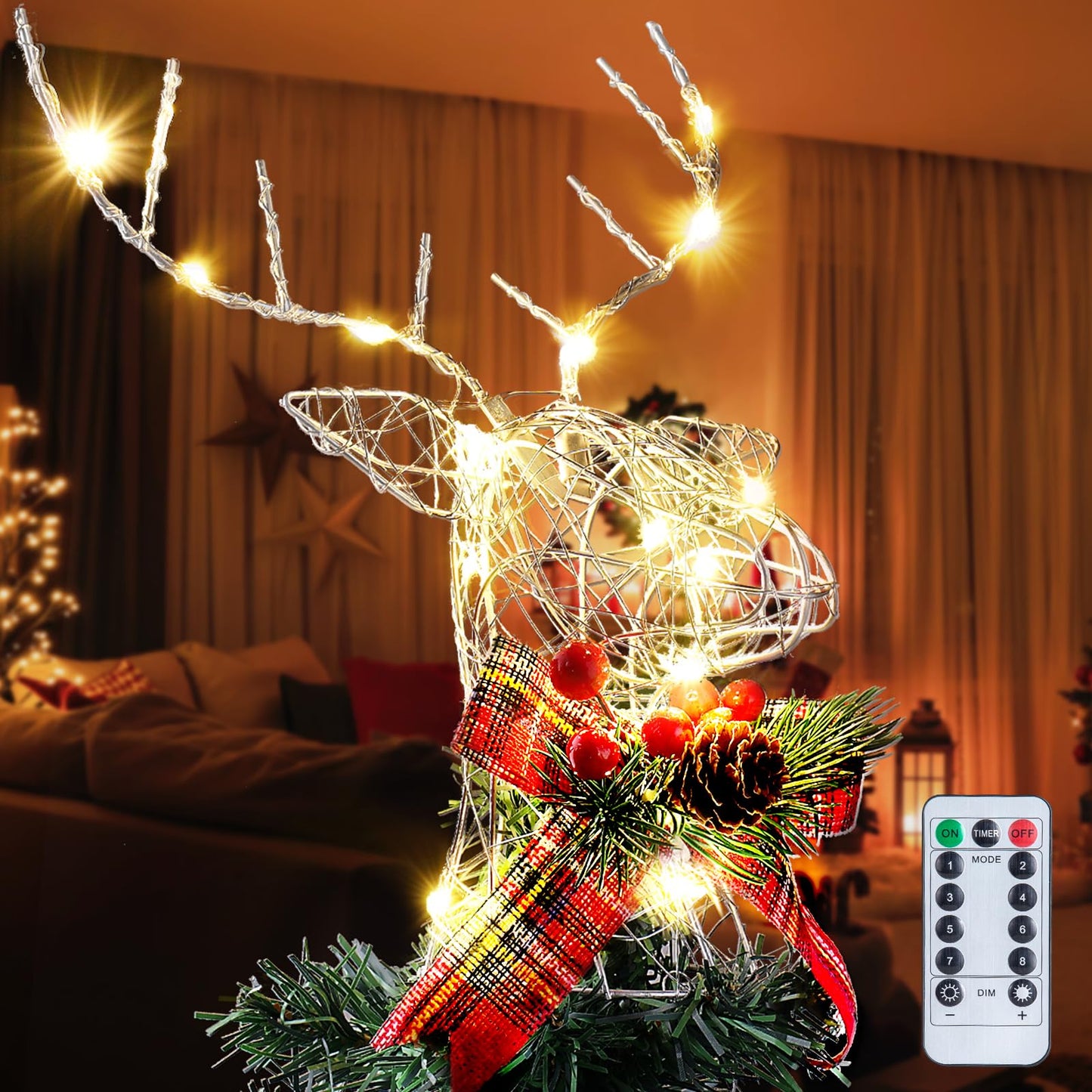 Christmas Tree Topper - 12.6 inch LED Lighted Reindeer Tree Topper with Remote Control, Battery Operated Light Up Xmas Tree Toppers for Christmas Holiday Indoor Home Party Decorations (Silver)