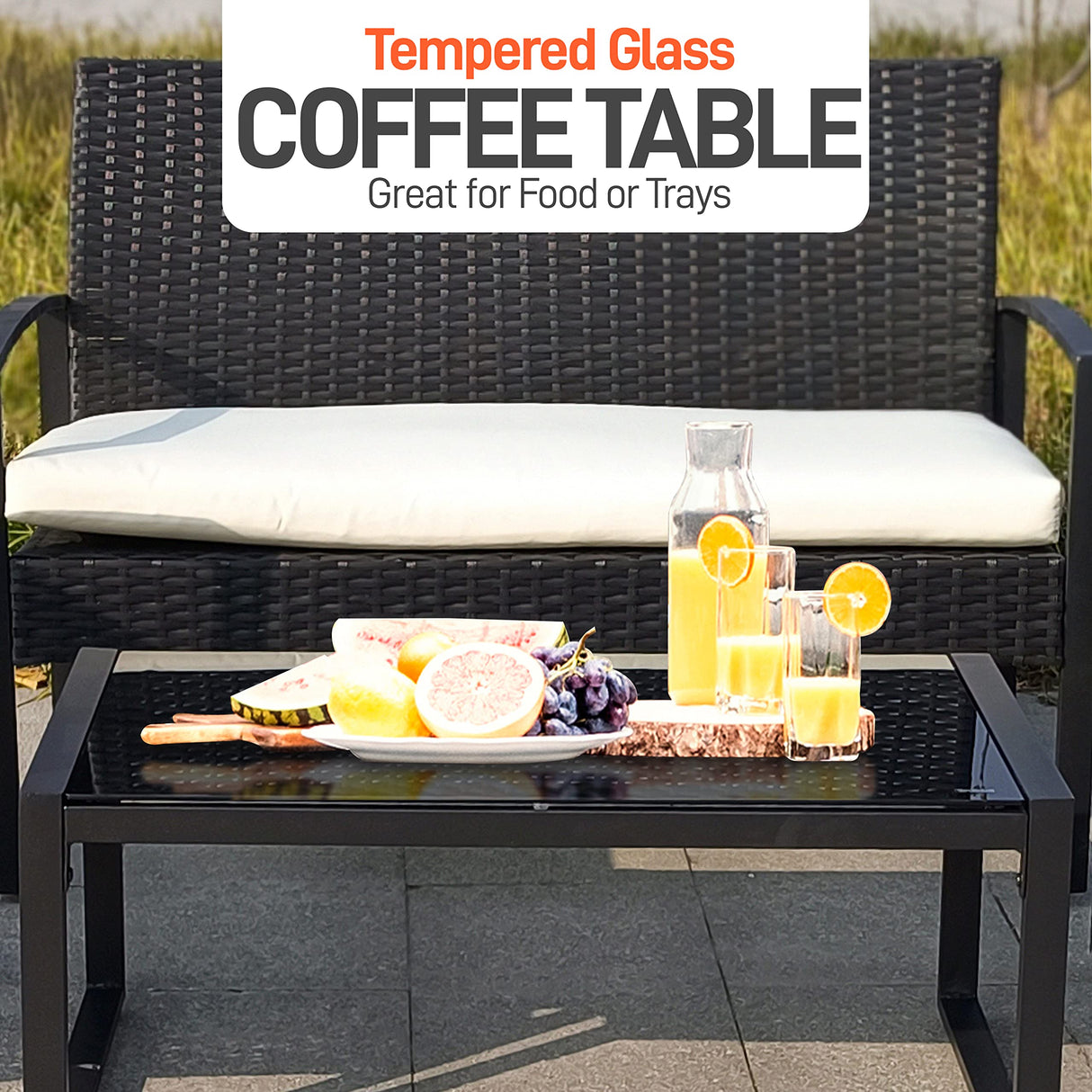 SereneLife Outdoor Living Rattan Furniture, Includes 1 Double & 2 Single Chairs with Cushion & 1 Glass-top Coffee Table 4 Piece Conversation/Chat Set, (Off Black) SereneLife