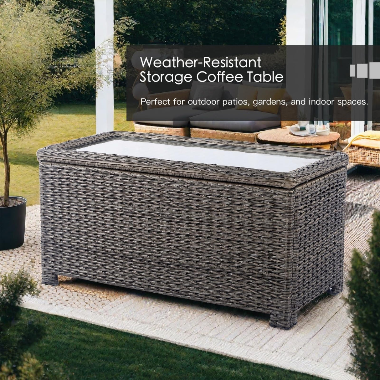 Krikacy Classic Wicker Patio Coffee Table with Storage, All-Weather Rattan Outdoor Coffee Tables, Tempered Glass Flip-Top, Waterproof for Porch Backyard – 40''Wx19''Dx22''H, Brown Krikacy