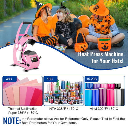 UOKRR Hat Heat Press, Hat Press Heat Machine for Caps with LCD Control, Hat Heat Press Machine with 2pcs Interchangeable Platens & Caps Stretcher for Vinyl, Sublimation, Heat Transfer (Pink)