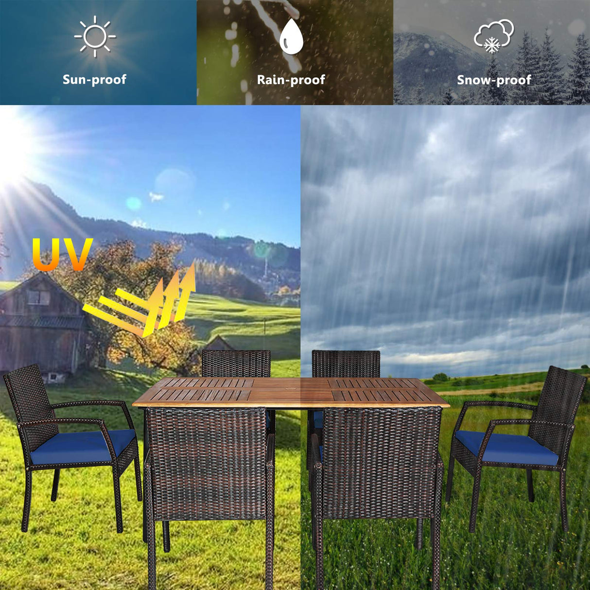 HAPPYGRILL 7 Pieces Patio Dining Set Outdoor Furniture Rattan Wicker Dining Set with Umbrella Hole, Powder Coated Steel Frame, Acacia Wood Dining Table and Armchairs with Removable Cushions HAPPYGRILL