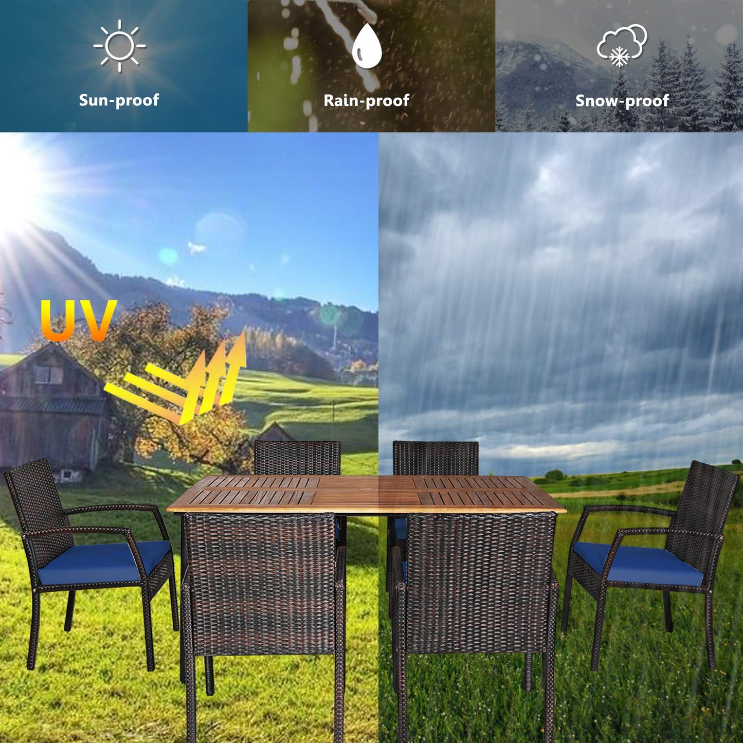 HAPPYGRILL 7 Pieces Patio Dining Set Outdoor Furniture Rattan Wicker Dining Set with Umbrella Hole, Powder Coated Steel Frame, Acacia Wood Dining Table and Armchairs with Removable Cushions