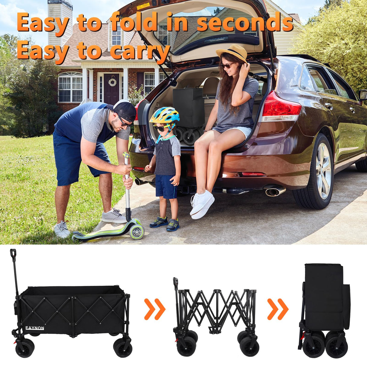 EAYNON 220L Collapsible Foldable Wagon with 500lbs Weight Capacity, Utility Wagon Cart Heavy Duty,with Big All-Terrain Beach Wheels & Drink Holders,for Camping, Garden, Sports, Beach, Shopping,Black EAYNON