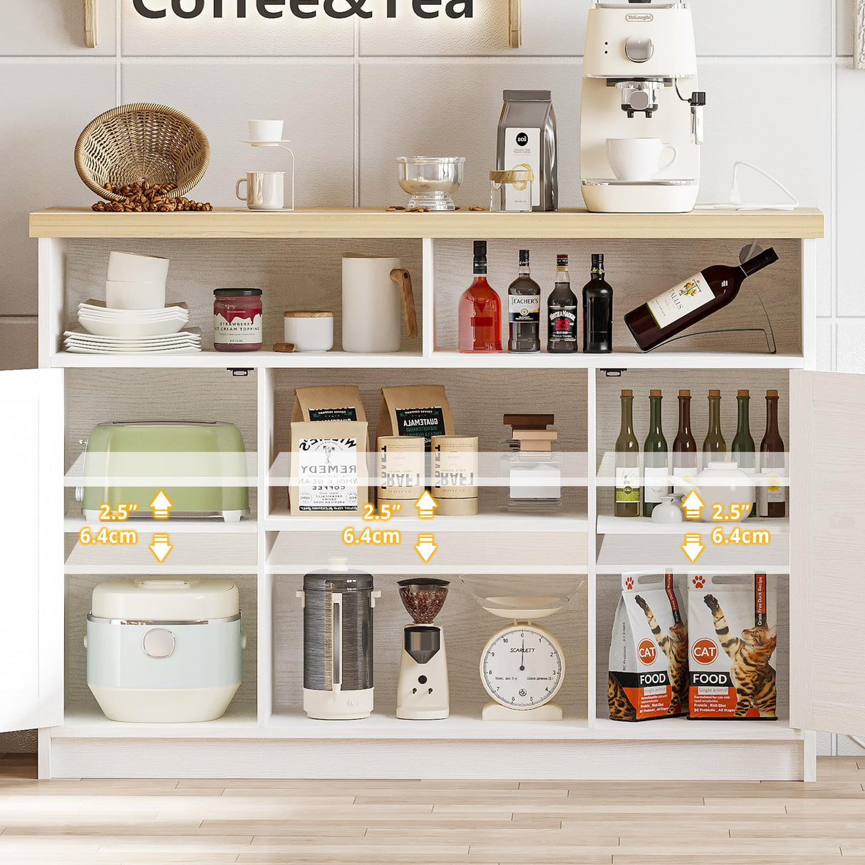 IRONCK Coffee Bar Cabinet with Power Strip, 47" Storage Cabinet with Barn Doors and Thickened Top Board, White Sideboard, Buffet for Dinning Room, Kitchen, Living Room IRONCK