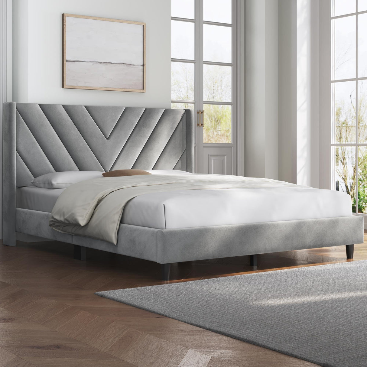 Yaheetech Full Bed Frame Upholstered Platform Bed with Wing Side Tufted Headboard/Sturdy Wooden Slat Support/No Box Spring Needed/Mattress Foundation,Light Gray Full Bed Yaheetech