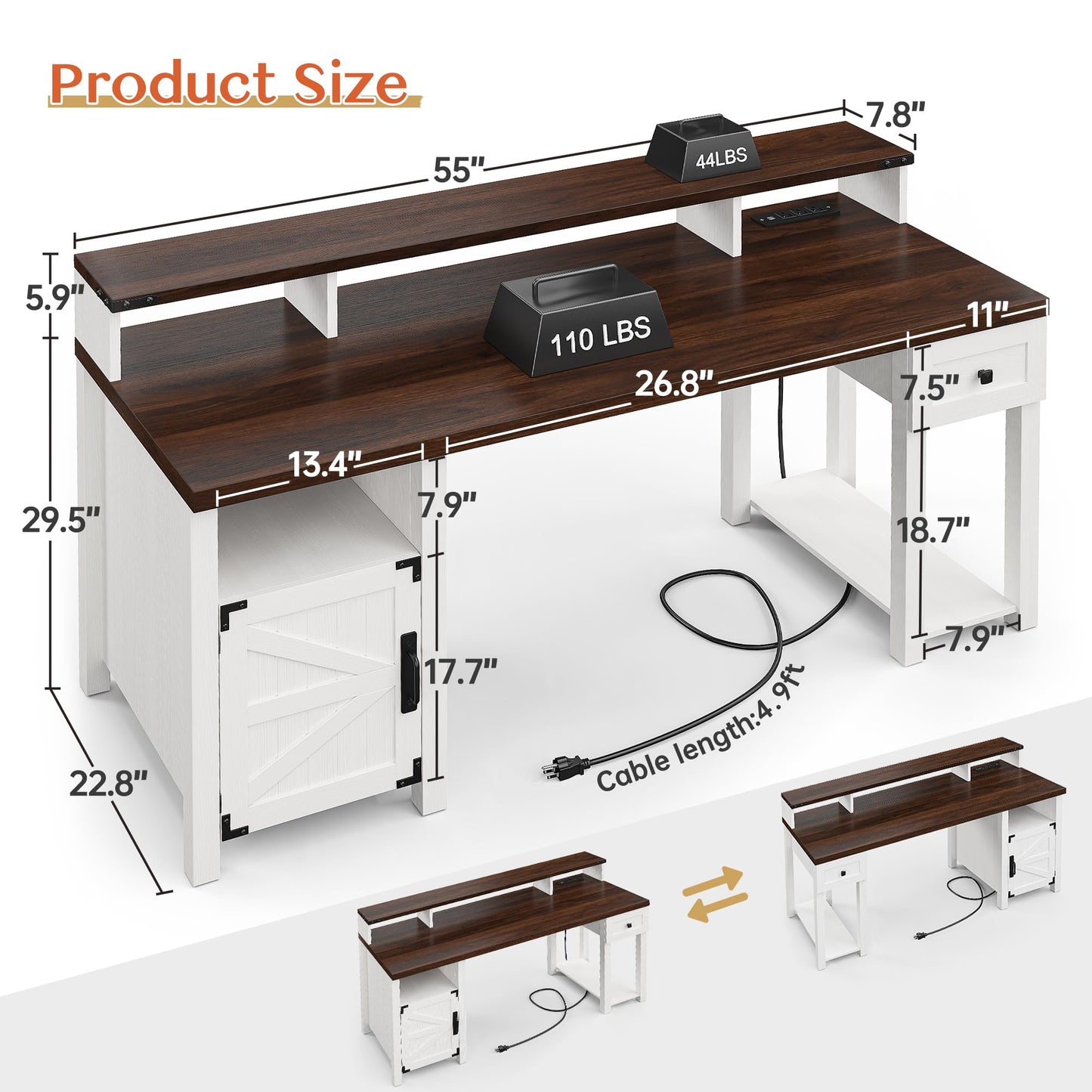 EnHomee 55" Computer Desk with Drawers Farmhouse Desk with Long Monitor Stand Reversible Wood Desk with Power Outlets Large Home Office Desk with Storage Cabinet Writing Desk with Drawers for - WoodArtSupply